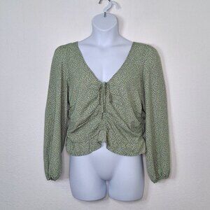 H&M Ditsy Floral Blouse Crop Sz L Smocked Puff Sleeves Cottagecore Boho Romantic